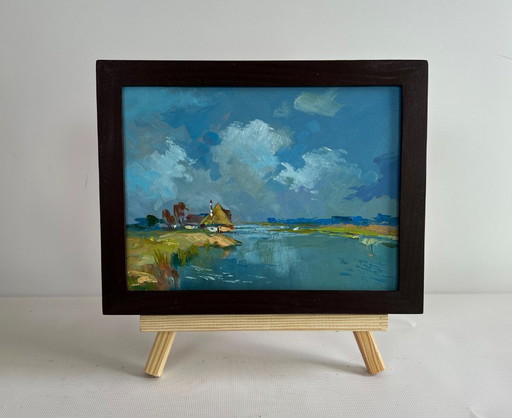 Original Oil Painting Summer River Landscape Summer flood of the river