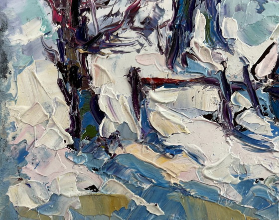Image 1 of Original Oil Painting Winter Village Landscape The icy breath of the morning