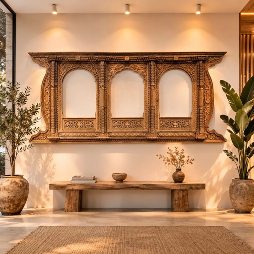Exclusive Wall Decoration - Large Teak Wood Carving (365cm) - Zen Hotel Decoration - Nepal 19th Century