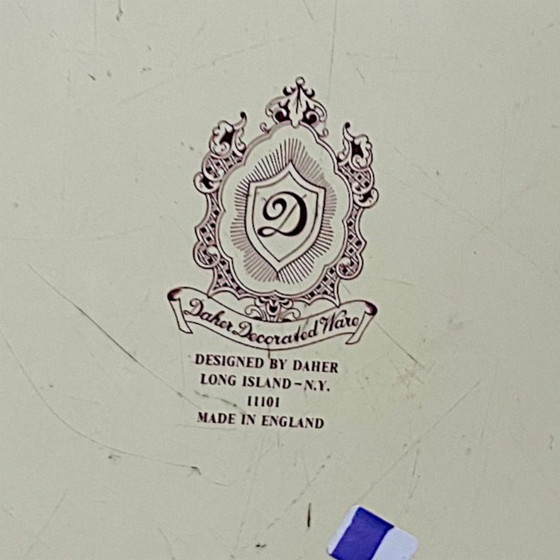 Image 1 of Large vintage round enamel metal tray still life fruit design by Daher