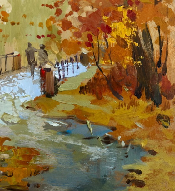 Image 1 of Origineel olieverfschilderij: Herfstboslandschap met gevallen bladeren in een herfstpark.