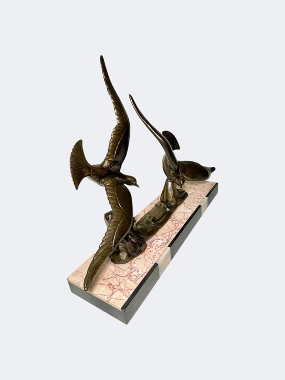 Image 1 of Art Deco Flight of Seagulls Spelter Statue - French Flying Sea Birds Patinated Cast Metal Figures on Marble Base 