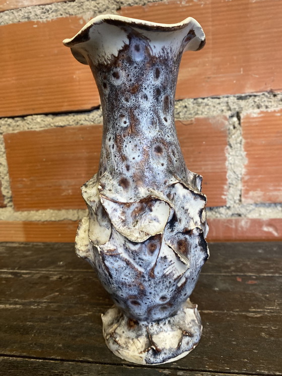Image 1 of Vase Ancien Marius GIUGE Fat Lava Céramique Écumes Gris & Blanc Vintage #D384