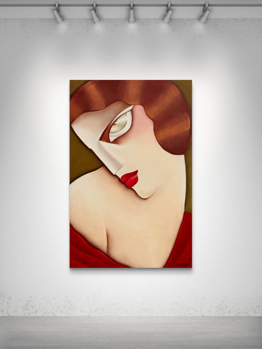 Large Art Deco oil on canvas – Stylized woman signed Ardoon (circa 1980) – 100 x 65.5 cm