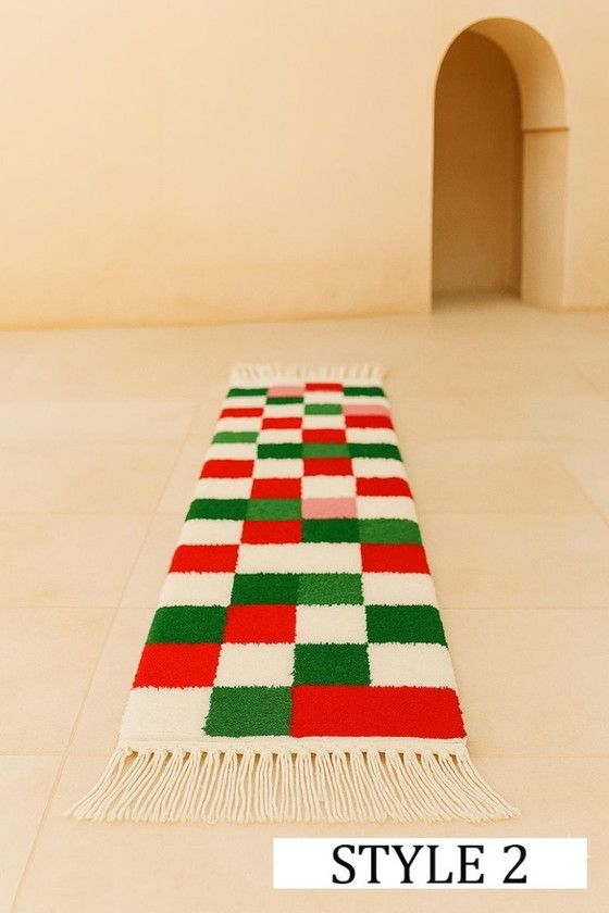 Image 1 of Christmas Moroccan Runner Rug – Red and Green Checkered Wool Hallway Runner, Handmade Berber Rug, Holiday Moroccan Decor, Cozy 