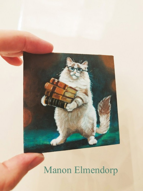 Unique Hand-Painted Small Painting of a Cat with a Stack of Books – Paintings & Drawings, Canvas, Wood (photo 2 of 7)