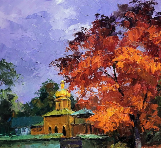 Image 1 of Original Oil Painting Cityscape Autumn Church October in the City