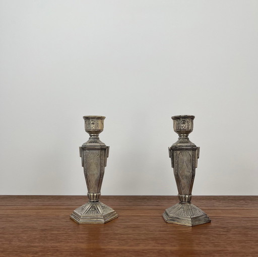 Pair of Art Deco Silver-Plated Metal Candlesticks, France