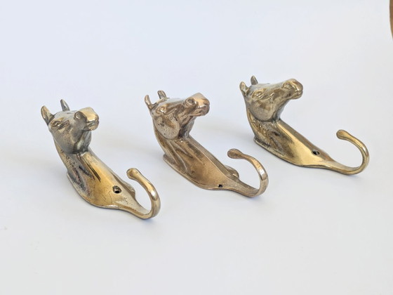 Image 1 of Set of 3 Vintage Brass Horse Head Wall Hooks Equestrian Heritage Accent
