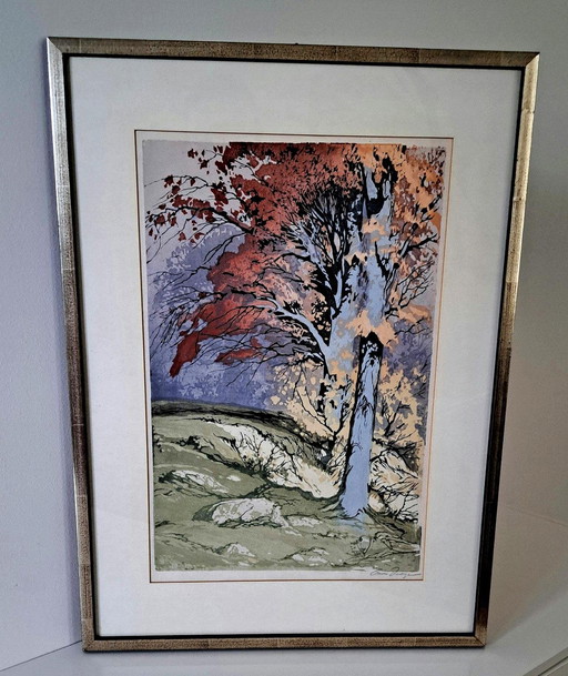 Hand-Signed Autumn Woodcut by Oskar Droege - Framed Vintage Expressionist Print