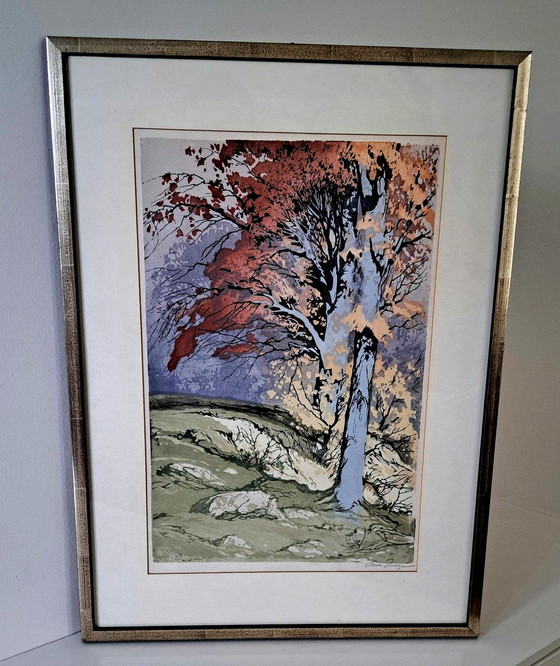 Image 1 of Hand-Signed Autumn Woodcut by Oskar Droege - Framed Vintage Expressionist Print