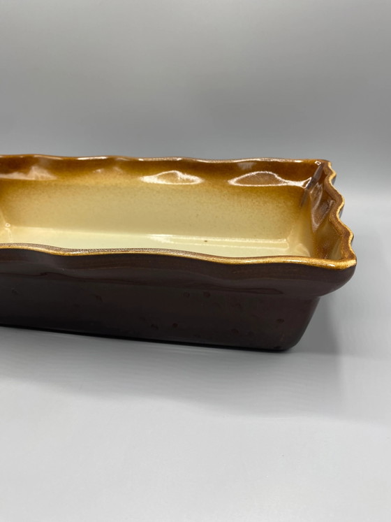 Large Honey Brown and Cream Enameled Ceramic Oven Dish – Crockery, Vintage (photo 3 of 6)