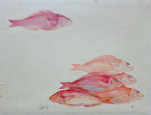 Poisson aquarelle vintage - Vivaneau rouge