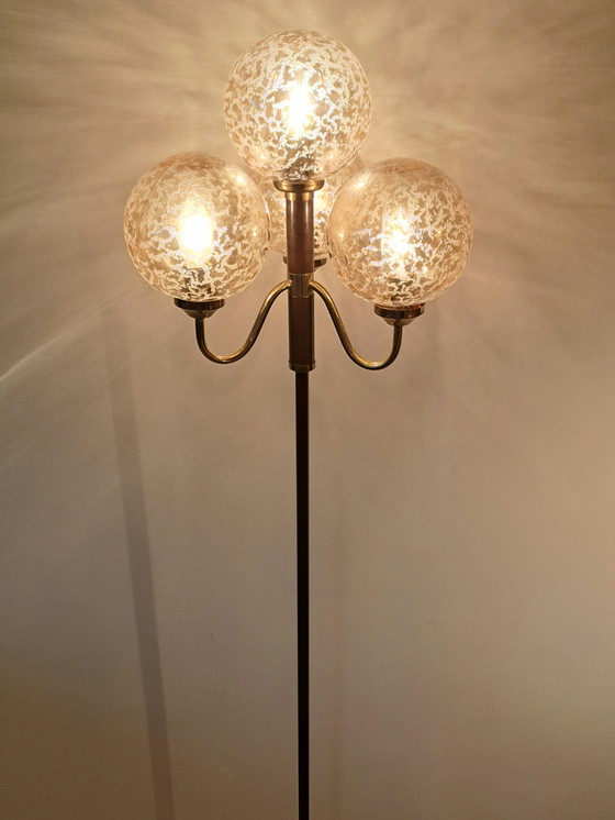 Image 1 of 🟡 Vintage Brass & Brown Metal Floor Lamp – 3 Textured Glass Globes – Germany 1970s