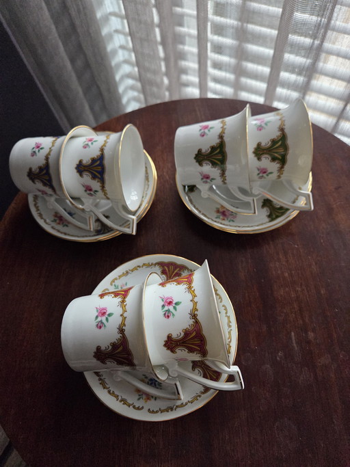 6 tazas y platillos de porcelana dura vintage de Rheinpfalz, Alemania