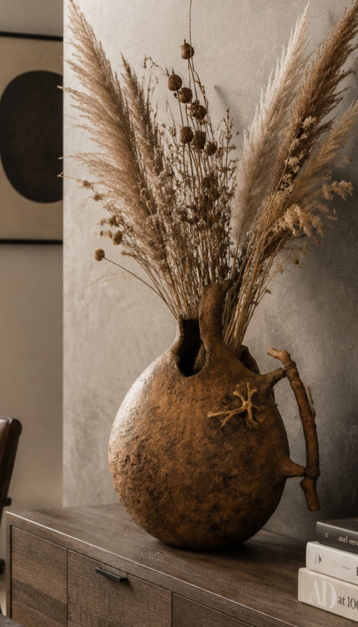 Large Wabi Sabi Paper Mache Vase with Wooden Handle | 43cm Handmade Sculptural Vessel | Rustic Organic Modern Home Decor