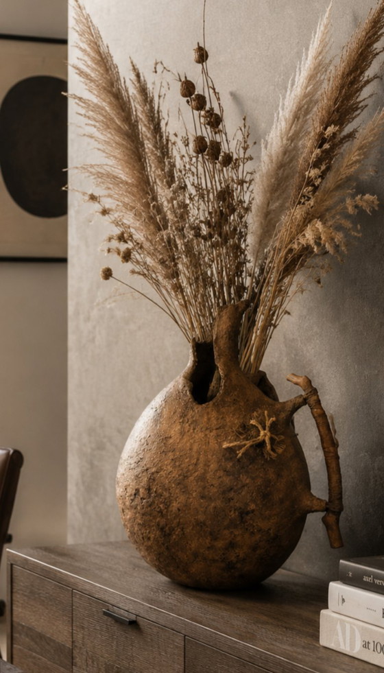 Image 1 of Large Wabi Sabi Paper Mache Vase with Wooden Handle | 43cm Handmade Sculptural Vessel | Rustic Organic Modern Home Decor