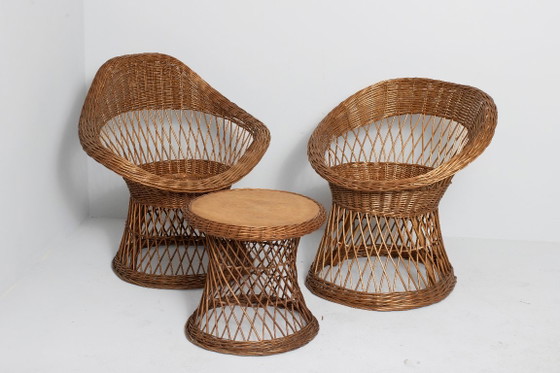 Vintage rotan lounge set – 2 fauteuils + bijzettafel – jaren 60/70 – Wicker (photo 2 of 5)