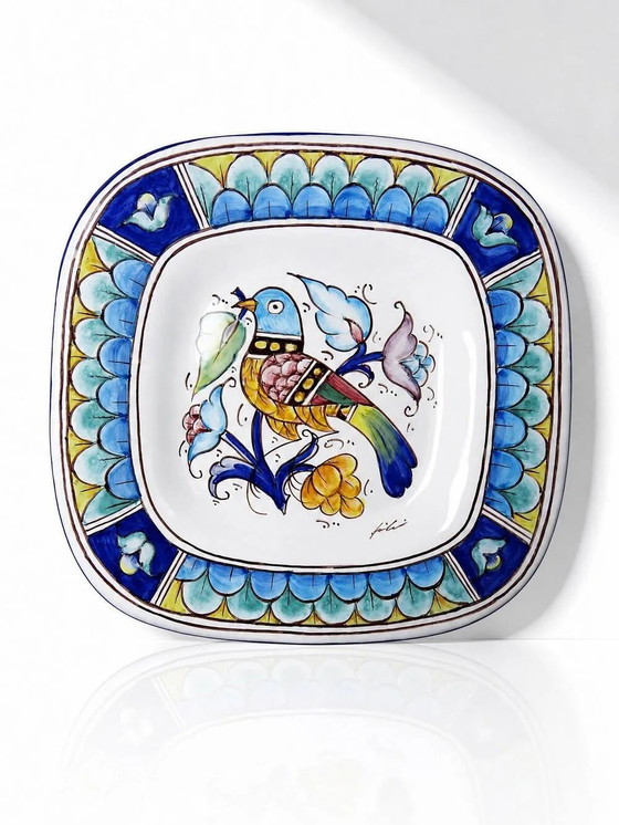 Grande piatto da parete italiano Gubbio decoro uccello ceramica dipinta vintage, Stoviglie, Cromo (foto 12 di 12)