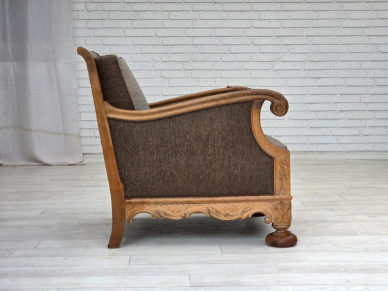 Image 1 of Années 1950, fauteuil danois, meuble en laine, bois de chêne massif sculpté.