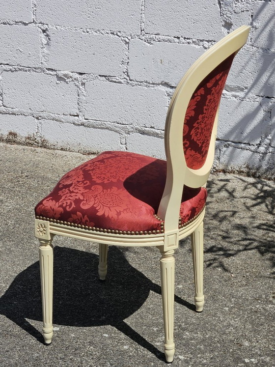 Image 1 of Set van 4 antieke Franse damaststoelen met medaillonmotief - gestoffeerde Louis XVI-stoelen - jaren 1900