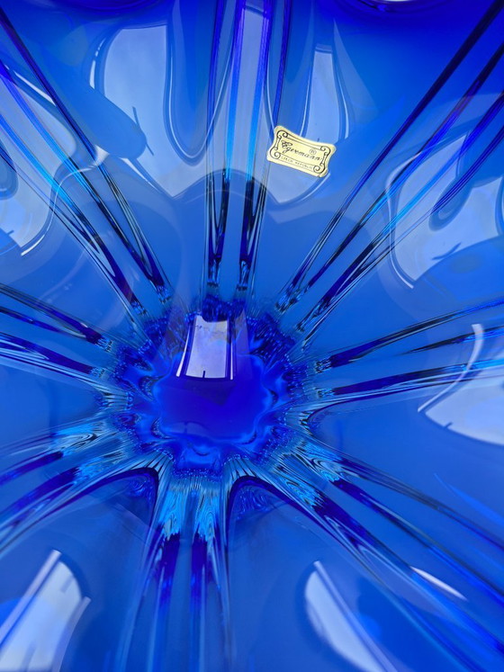 Image 1 of Egermann crystal glass bowl, blue, Bohemian, Czech, pointed bowl, mid-century