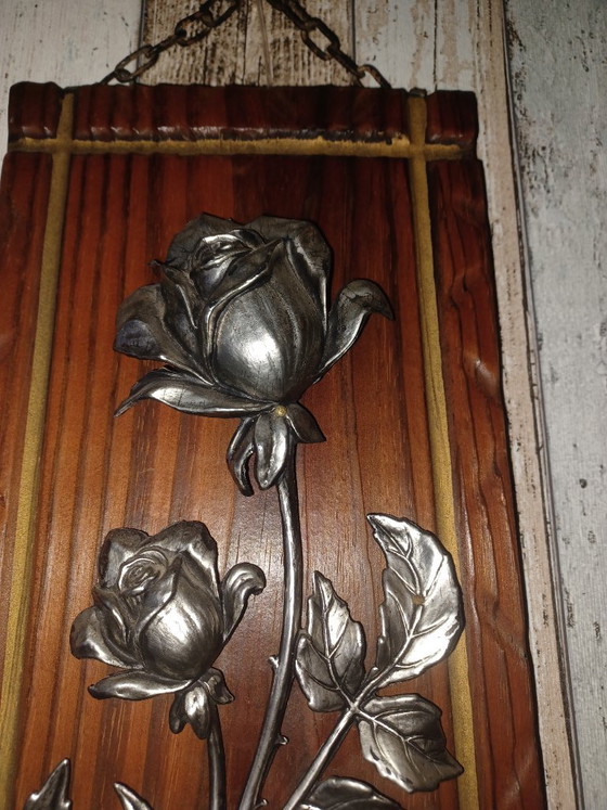 Pannello murale vintage in legno con rosa in metallo (43x18 cm) – Decorazioni murali, Wood (photo 2 of 8)