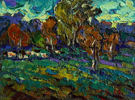 Image 1 of Original Oil Painting Sunset Forest Landscape Evening autumn wind