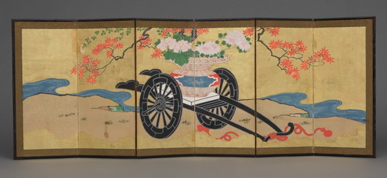 Image 1 of Par de biombos japoneses plegables de 200 años de antigüedad.