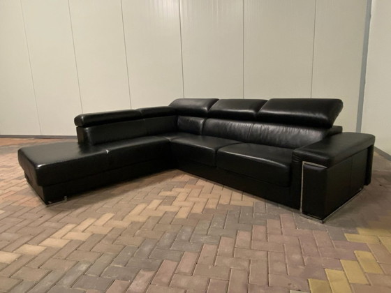 Image 1 of Black Real Leather Corner Sofa