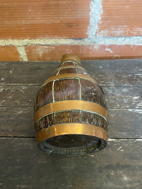 Image 1 of Pichet Ancien Tonneau Bois + Cerclage Cuivre Vintage #D379