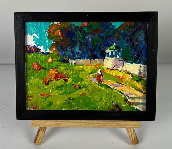 Image 1 of Peinture à l'huile originale, paysage rural, prairie, village, parc en forêt