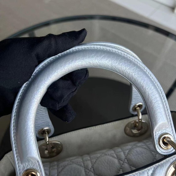 Image 1 of *FLAP OPEN* DIOR LADY MEDIUM - GRAINED CALFSKIN METALLIC SILVER GOLDEN HARDWARE