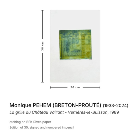 Monique PEHEM (BRETON-PROUTÉ), signierte Radierung: Das Tor von Château Vaillant - Ver (photo 3 of 5)