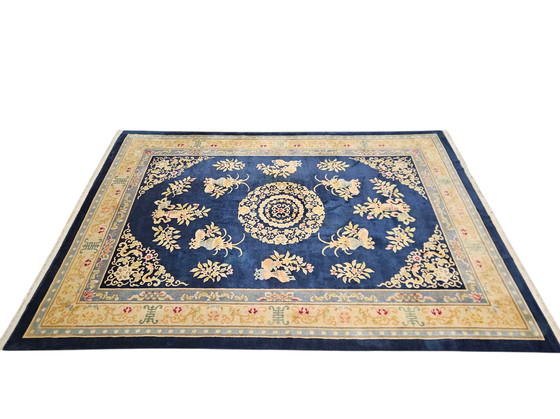 Image 1 of Handgeknüpfter orientalischer Aubusson-Teppich aus Wolle mit blauem Blumenmuster, 307 x 430 cm