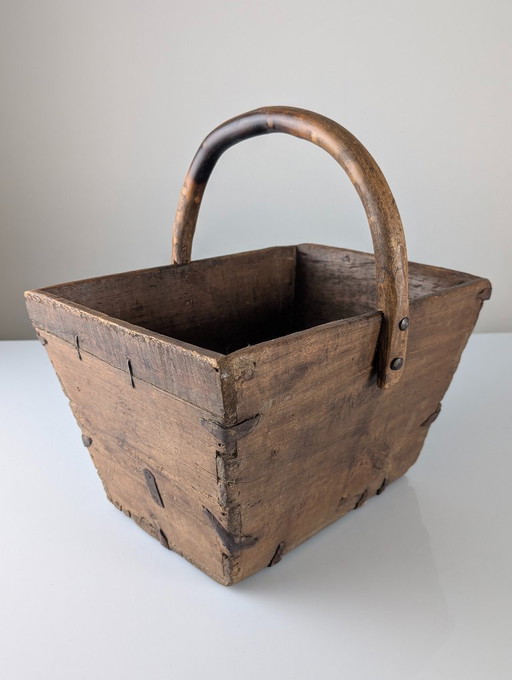 Antique Wooden Log Basket with Hand-Forged Hardware, Wabi-Sabi, 19th Century