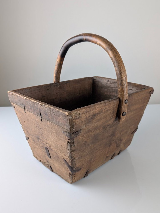 Image 1 of Antique Wooden Log Basket with Hand-Forged Hardware, Wabi-Sabi, 19th Century