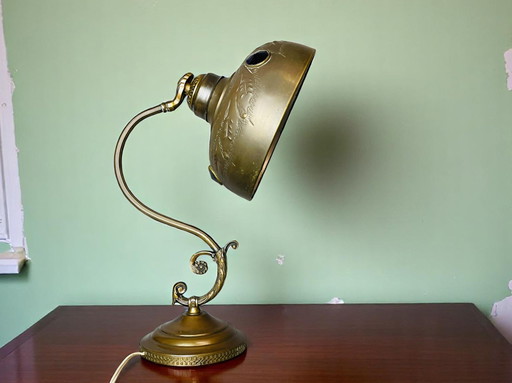 Lampe de table Art Déco Vintage en laiton orné avec inserts en verre bleu, années 1930