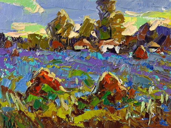Image 1 of Original Oil Painting Summer Field Landscape Edge of the Village