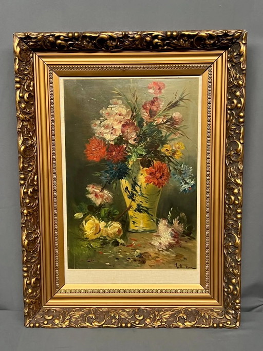 Stilleven met bloemen. Olieverf op doek. Gesigneerd door de kunstenaar. – schilderijen tekeningen, Canvas (photo 2 of 8)