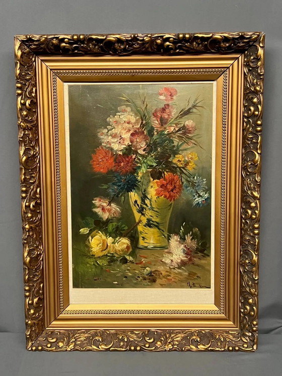 Stilleven met bloemen. Olieverf op doek. Gesigneerd door de kunstenaar. – Schilderijen & Tekeningen, Canvas (photo 2 of 8)