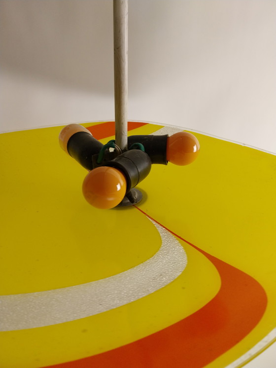 Image 1 of 1 x ceiling light 1960s PL09 in yellow and red with textured glass strip. From former Czechoslovakia