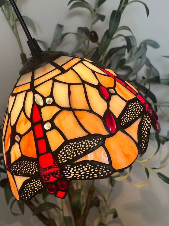 Image 1 of Stained glass pendant lamp with dragonflies beige with red