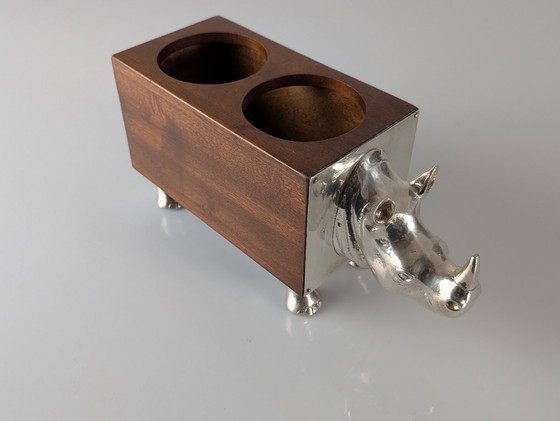 Image 1 of Almazán Rhino Bottle Holder, Mid-Century Modern Wood & Nickel Silver, 1960s