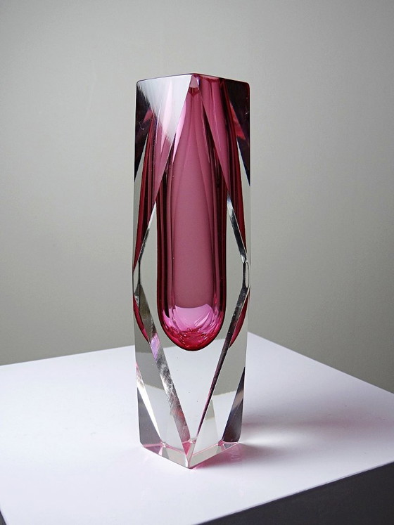 Image 1 of Sommerso faceted Murano vase in pink glass and crystal, 1950s-60s