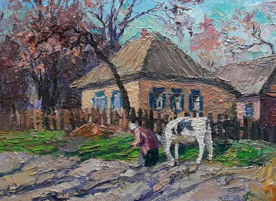 Origineel olieverfschilderij Dorpsstraat Platteland Landelijk leven Landelijk landschap (photo 6 of 7)