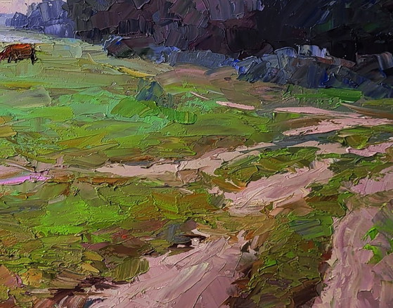 Image 1 of Original Oil Painting Rural Landscape Nature Pasture Cows in the Field