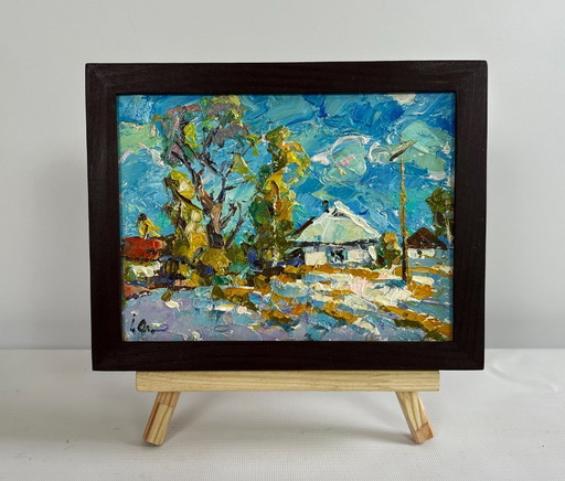 Original Oil Painting Day Winter Landscape The first snow fell