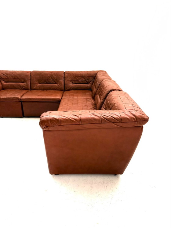 Vintage 6-delige modulaire patchwork elementenbank ‘80, Modulaire banken, Kunststof, Leer, Bruin (foto 3 van 10)