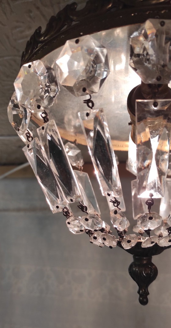 Image 1 of Lampada da soffitto in ottone con pendenti in vetro - metà del XX secolo